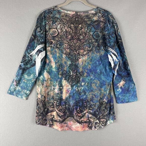 Reba Top Women 2X Burnout Southwestern Rhinestone Aztec Artsy Stretchy Abstract - Picture 10 of 14